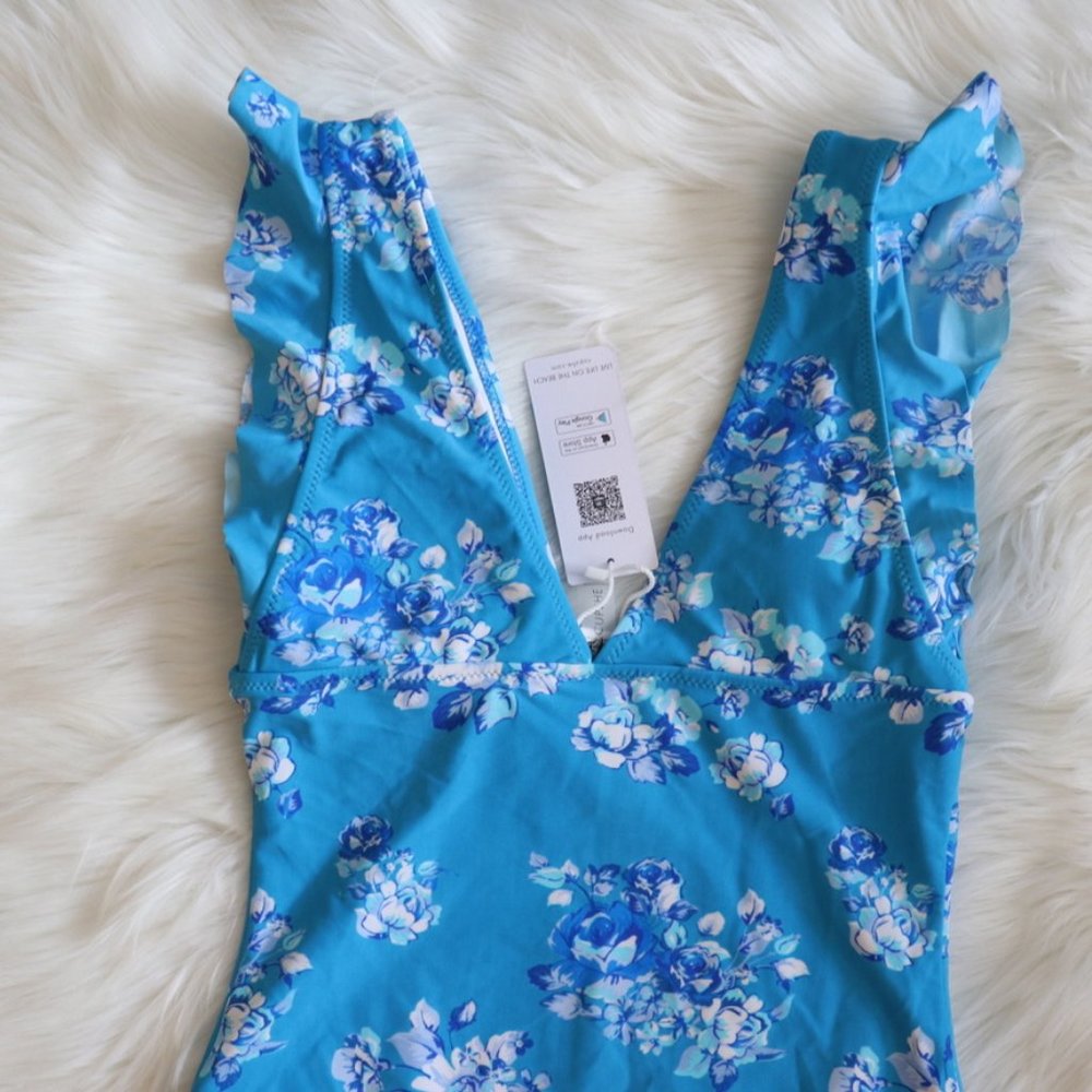 Blue Ruffled Floral One Piece M - Picture 7 of 7